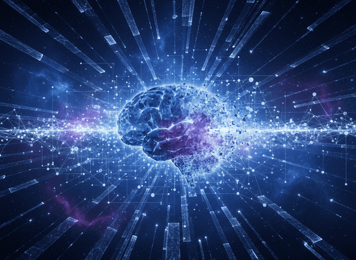 Abstract digital artwork of a human brain dissolving into a vast cosmic lattice grid of glowing interconnected points and energy lines, representing consciousness merging with the fabric of space, deep blues and violets with luminous white nodes, ethereal, high detail, no text, no people