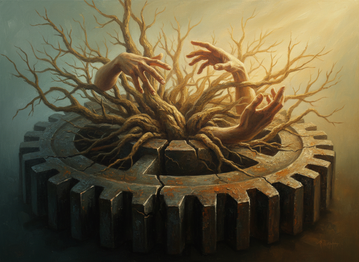 Contemporary oil painting, cinematic concept art; a large weathered iron gear occupies the lower half of the composition, its teeth cracked and corroded at the center; from the fracture in the gear, organic tree roots and slender branches grow upward and outward, intertwining with several human hands reaching toward each other in the upper half of the canvas; the mechanical gear rendered in cold rusted metal tones, broken edges and scraped pigment, while the organic growth above is painted in warmer, softer strokes; warm golden light falls from the upper right, illuminating the hands and branches, leaving the lower gear in cool shadow; palette shifting from oxidized greens and rust at the base to warm ochre and amber light above; visible brushwork, impasto on the metal textures, thinner glazes on the organic forms; atmospheric perspective with soft haze behind the branches; painterly realism, not photorealistic; low, slightly upward camera angle emphasizing growth and ascension; no text, no watermarks, no recognizable faces.