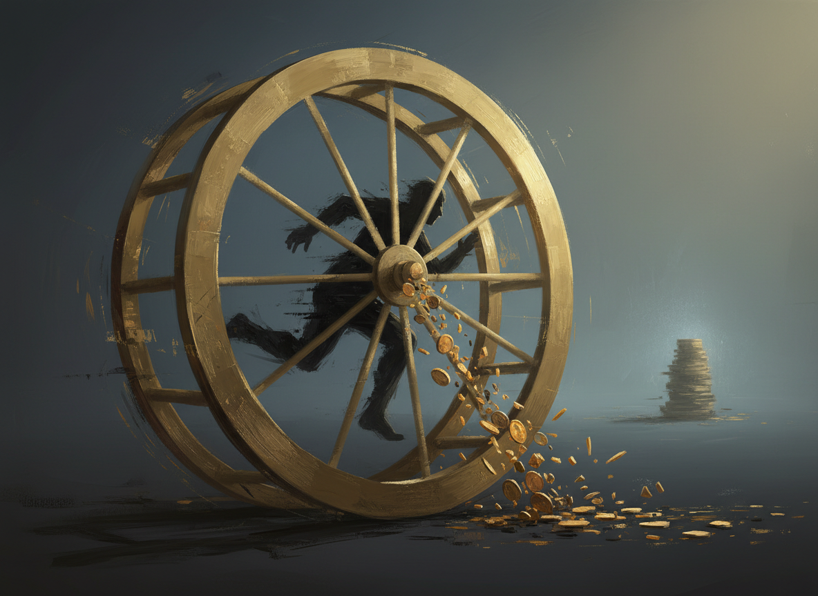 Contemporary oil painting, cinematic concept art. A solitary human silhouette runs inside a large golden wheel-cage suspended mid-frame, dominating the composition; the wheel occupies the foreground-to-midground, tilted slightly for dynamic tension. Coins spill from the spinning wheel, scattering downward and outward instead of gathering — broken trails of pigment suggesting motion and loss. In the distant background, softened by atmospheric perspective, a small solid tower of stacked coins stands still and grounded, catching a warm shaft of light. Materials: brushed gold metal for the wheel, warm worn bronze for the coins, soft dark negative space around the figure. Lighting: a single warm directional light from upper right, isolating the wheel and figure while the background tower glows faintly cooler and dimmer. Palette dominated by muted gold, deep umber, and charcoal, with small warm amber accents on the falling coins. Technique: visible brushwork, palette-knife texture on the metal wheel, dry-brush passages in the dark background, broken edges around the running figure. Atmospheric depth separates foreground chaos from background stillness. Camera at a slightly low angle looking up at the wheel. Painterly realism, not photorealistic. No text, no watermarks, no recognizable faces.