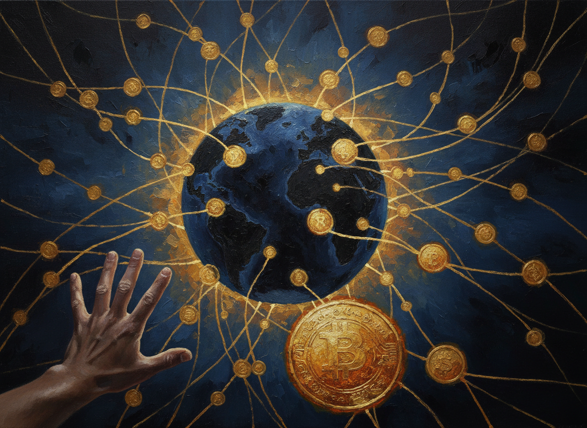 Contemporary oil painting, cinematic concept art. A stylized dark globe occupies the center of the composition, its continents suggested only by subtle brushwork. Radiating outward from the globe's surface, luminous threads of gold light stretch across the canvas like a vast network, connecting glowing coin-shaped nodes scattered at different depths — some near, large and richly detailed, others distant and soft with atmospheric haze. A single hand, seen only from the wrist, extends from the lower foreground, fingers open as if casting or gathering the threads. Materials: warm burnished gold for the threads and coins, deep indigo-black for the globe and background void, faint warm haze where threads converge. Lighting: the coin-nodes and threads are the only light sources, casting soft golden glow against the dark surrounding space; the globe itself remains in near-silhouette. Palette dominated by deep indigo, charcoal black, and warm gold, with small warm amber highlights on the nearest coins. Technique: visible brushwork, thin glazes of light for the threads, thicker impasto on the coin surfaces, soft atmospheric blur on distant nodes. Camera slightly above eye level, looking down at the globe and its radiating network. Painterly realism, not photorealistic. No text, no watermarks, no recognizable faces, no real-world logos or currency symbols.